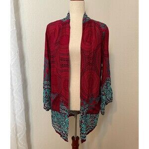 Happy Trunks Open Front Boho Kimono Cardigan Red Teal Paisley OS Hippie Colorful